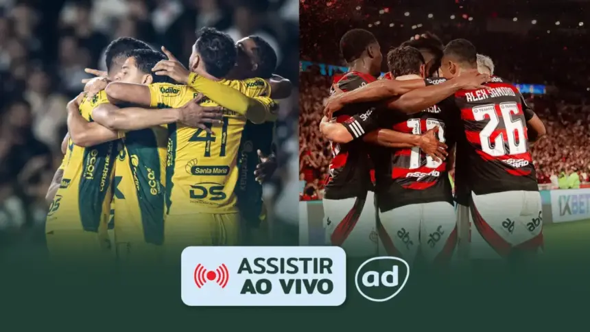 Jogadores do Mirassol e Flamengo de costas abraçados na arte do Campeonato Brasileiro Ao Vivo