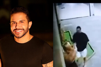 Babal Guimarães sorrindo dividindo tela com imagens do influenciador agredindo sua namorada