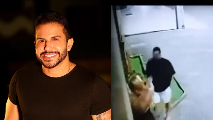 Babal Guimarães sorrindo dividindo tela com imagens do influenciador agredindo sua namorada