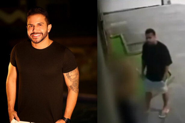 Babal de camisa preta sorrindo divide tela com imagem de segurança ele agredindo a ex-namorada