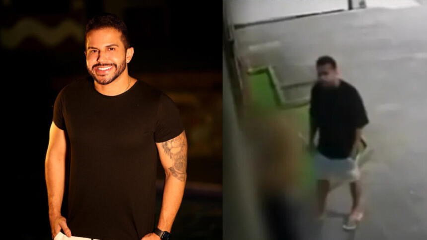Babal de camisa preta sorrindo divide tela com imagem de segurança ele agredindo a ex-namorada