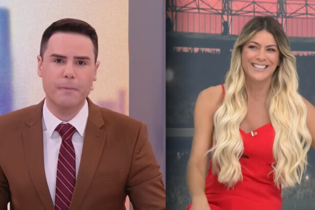 Luiz Bacci de terno marrom no cenário do Alô Você no SBT divide tela com Renata Fan de vestido vermelho sorridente no cenário do Jogo Aberto da Band