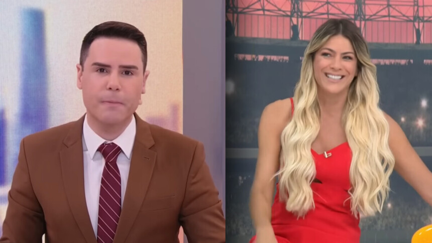 Luiz Bacci de terno marrom no cenário do Alô Você no SBT divide tela com Renata Fan de vestido vermelho sorridente no cenário do Jogo Aberto da Band