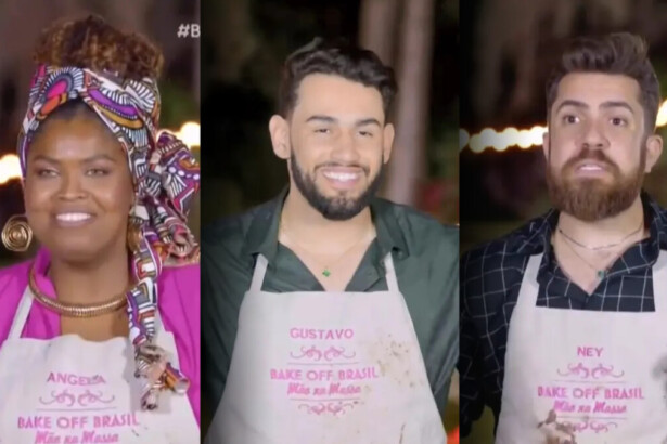 Ângela, Gustavo e Ney com o avental do Bake Off Brasil Mão na Massa 2025