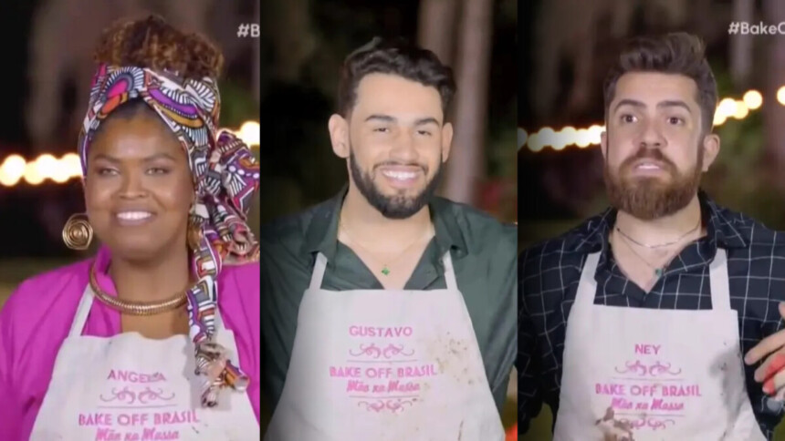 Ângela, Gustavo e Ney com o avental do Bake Off Brasil Mão na Massa 2025