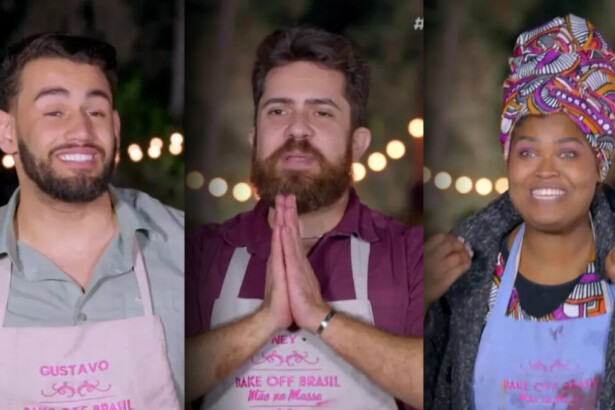 Gustavo, Ney e Ângela no jardim do Bake Off Brasil após descobrirem que estão na final do Bake Off Brasil 2025