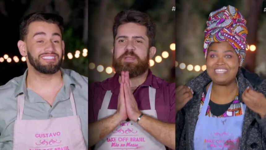 Gustavo, Ney e Ângela no jardim do Bake Off Brasil após descobrirem que estão na final do Bake Off Brasil 2025