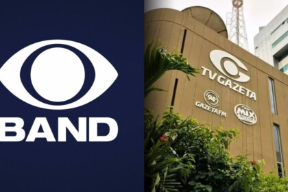Logo da Band dividindo tela em montagem com a fachada da TV Gazeta Alagoas