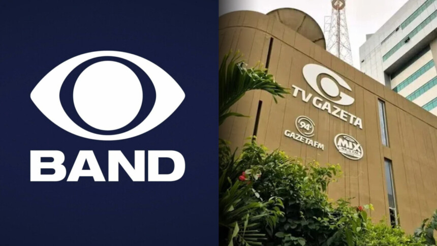 Logo da Band dividindo tela em montagem com a fachada da TV Gazeta Alagoas