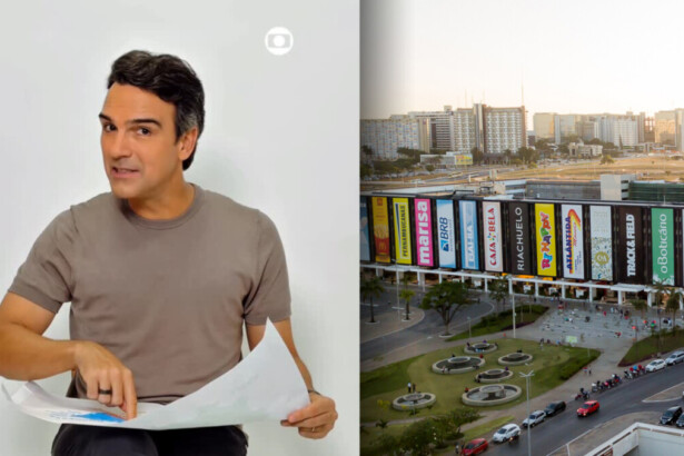 Tadeu Schmidt aponta para um mapa dividindo tela com o Shopping Conjunto Nacional onde fica a casa de vidro do BBB 26