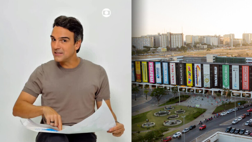 Tadeu Schmidt aponta para um mapa dividindo tela com o Shopping Conjunto Nacional onde fica a casa de vidro do BBB 26