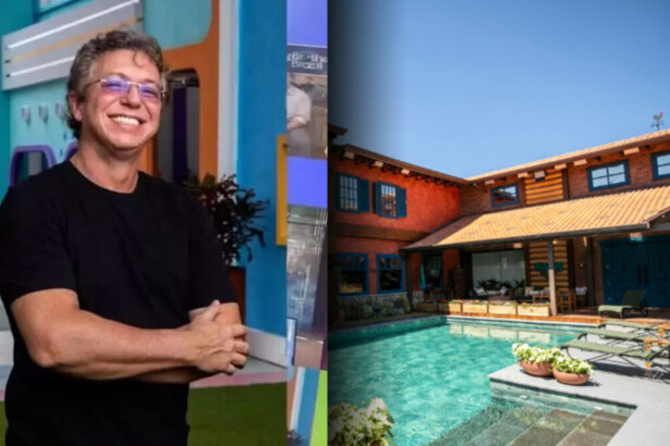 Boninho sorrindo no gramado da casa do BBB, dividindo tela em uma montagem com a fachada da sede de A Fazenda 17