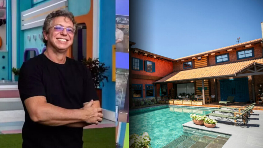 Boninho sorrindo no gramado da casa do BBB, dividindo tela em uma montagem com a fachada da sede de A Fazenda 17