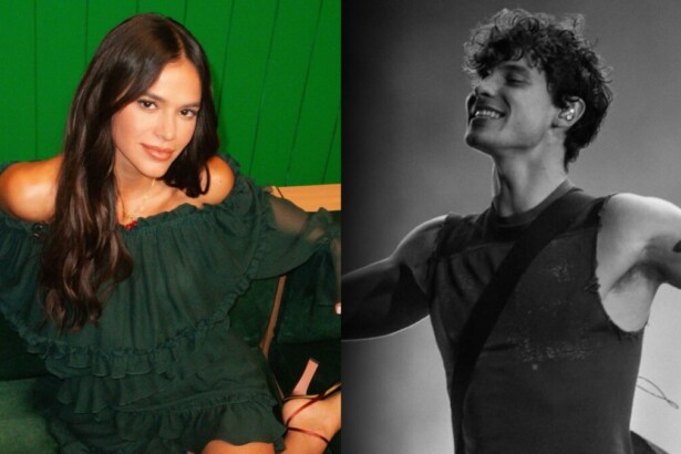Bruna Marquezine e Shawn Mendes em uma montagem. Ela está sentada e olha para a câmera. Já ele está de braços abertos em trecho de show