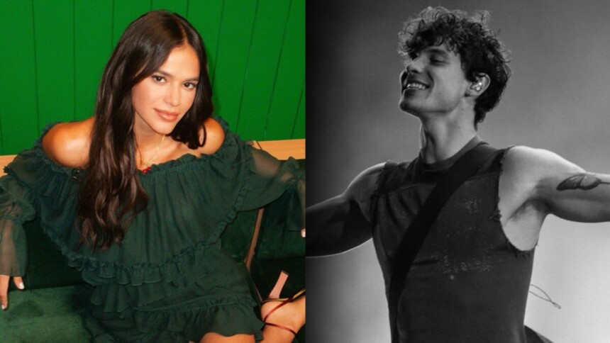 Bruna Marquezine e Shawn Mendes em uma montagem. Ela está sentada e olha para a câmera. Já ele está de braços abertos em trecho de show