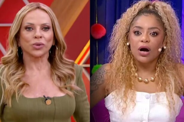 Montagem das apresentadoras Christina Rocha do Casos de Família e Cariúcha do Fofocalizando, em close-up, com diferentes expressões de seriedade e surpresa