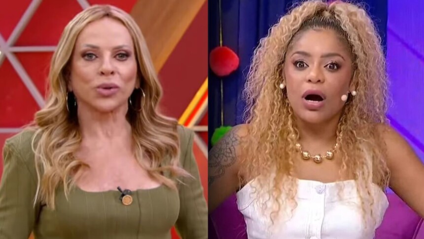 Montagem das apresentadoras Christina Rocha do Casos de Família e Cariúcha do Fofocalizando, em close-up, com diferentes expressões de seriedade e surpresa
