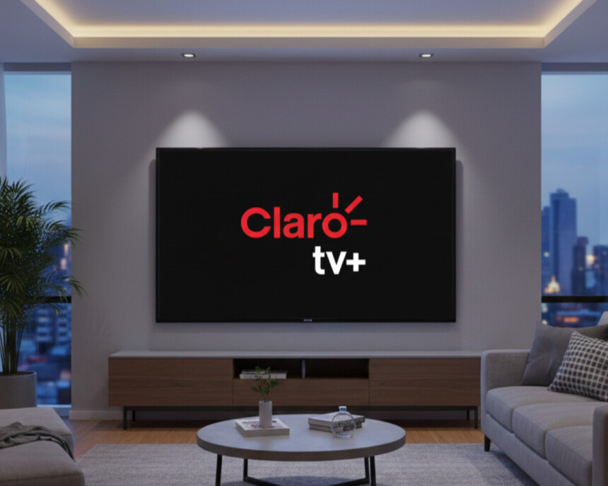 Televisão com o logo da Claro TV+ na sala de uma casa