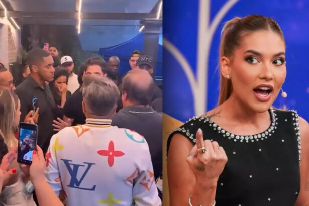 Confusão se instaura na festa de Virginia. Pessoas aglomeradas escutam o produtor da apresentadora