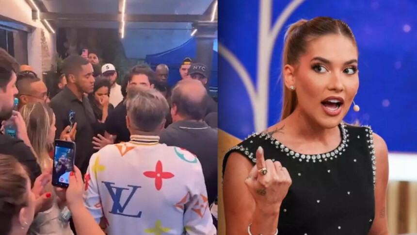 Confusão se instaura na festa de Virginia. Pessoas aglomeradas escutam o produtor da apresentadora