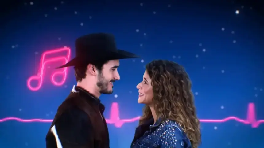 Filipe Bragança e Isadora Cruz olhando um para o outro em teaser da novela Coração Acelerado