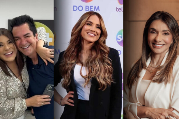 Mara Maravilha, Regis Danese, Sarah Beatriz, Soraya Moraes todos sorridentes em montagem de divulgação do Passa ou Repassa do Domingo Legal