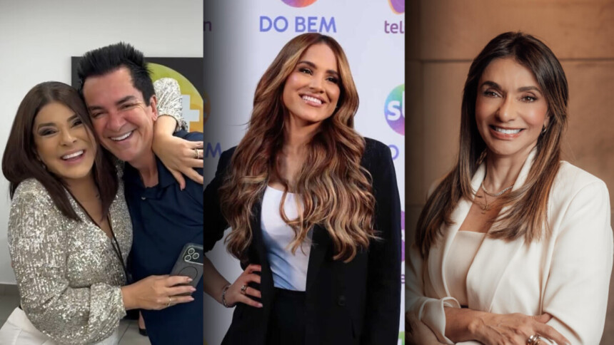 Mara Maravilha, Regis Danese, Sarah Beatriz, Soraya Moraes todos sorridentes em montagem de divulgação do Passa ou Repassa do Domingo Legal