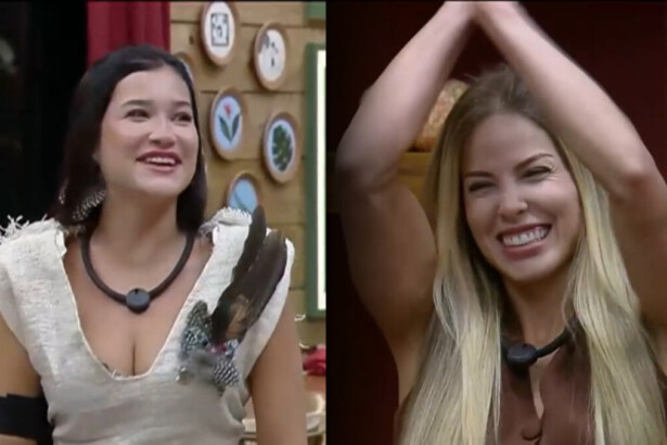 Duda e Saory sorridentes na sala de A Fazenda ao saber que estão salvas da penúltima Roça