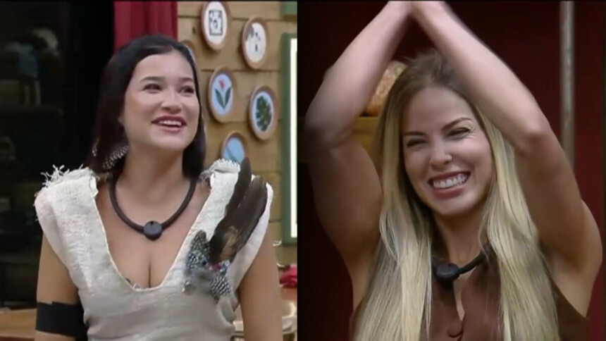Duda e Saory sorridentes na sala de A Fazenda ao saber que estão salvas da penúltima Roça