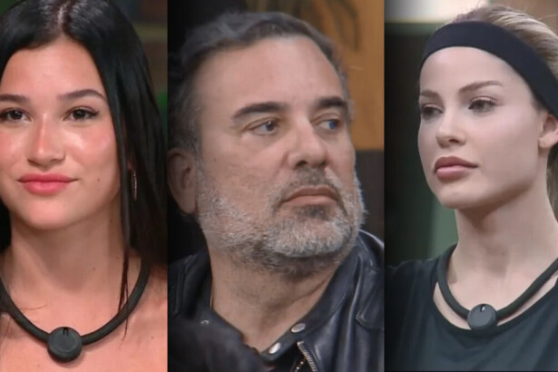 Duda, Fabiano e Saory com semblantes sério em momentos diferentes de A Fazenda 17