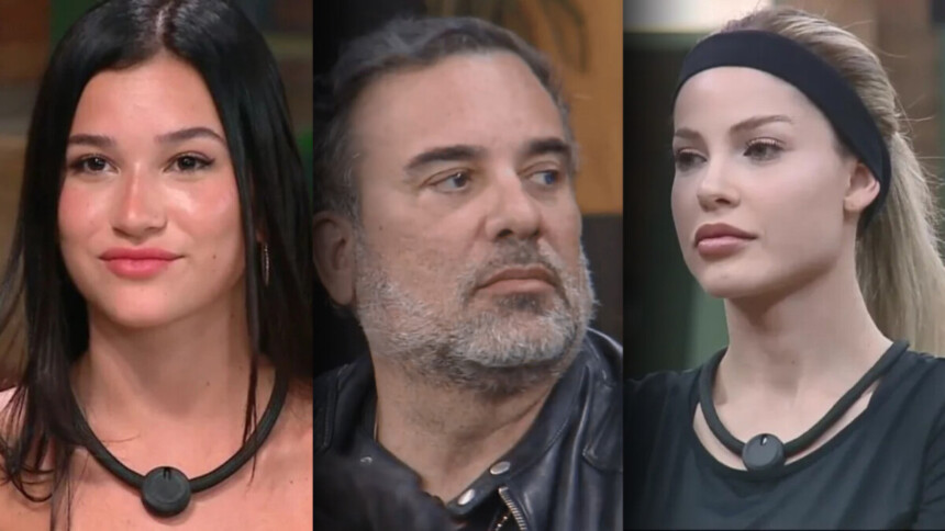 Duda, Fabiano e Saory com semblantes sério em momentos diferentes de A Fazenda 17