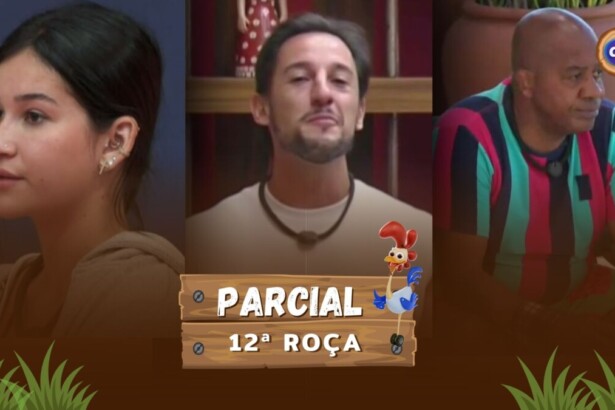 Duda, Mesquita e Toninho na arte de parcial da enquete da 12ª Roça em A Fazenda