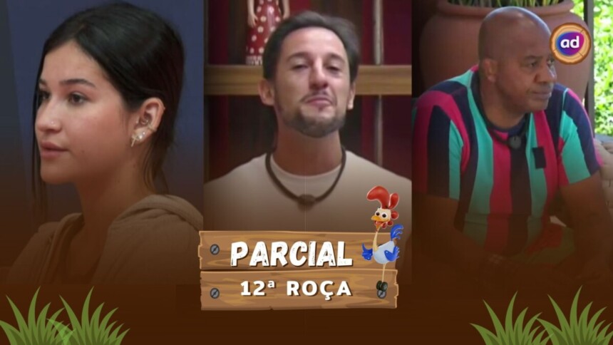 Duda, Mesquita e Toninho na arte de parcial da enquete da 12ª Roça em A Fazenda