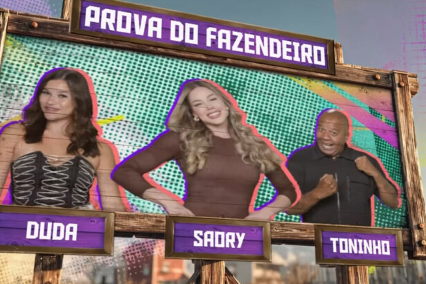 Duda, Saory e Toninho na arte da Prova do Fazendeiro de A Fazenda