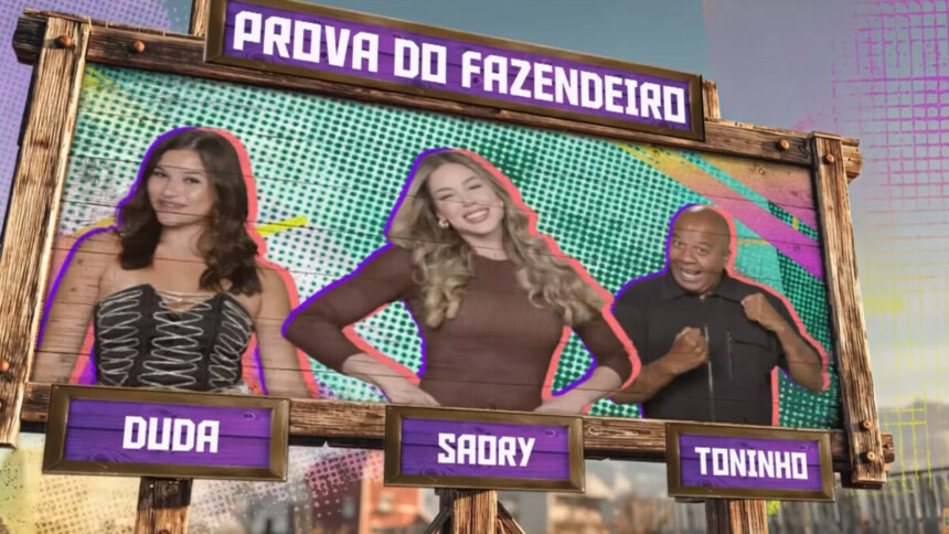 Duda, Saory e Toninho na arte da Prova do Fazendeiro de A Fazenda