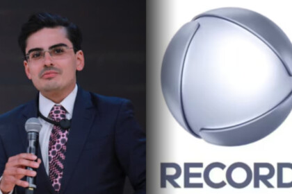 Dudu segura microfone de A Fazenda 17 e divide tela com o logo da RECORD em montagem sobre a sua contratação