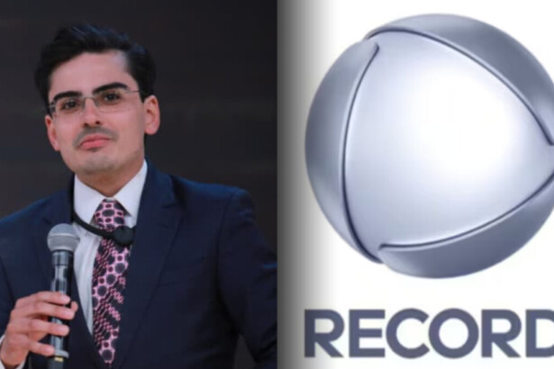 Dudu segura microfone de A Fazenda 17 e divide tela com o logo da RECORD em montagem sobre a sua contratação