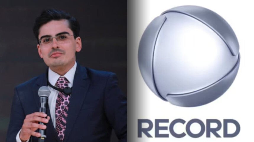 Dudu segura microfone de A Fazenda 17 e divide tela com o logo da RECORD em montagem sobre a sua contratação