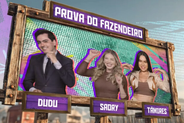 Dudu, Saory e Tàmires na arte da Prova do Fazendeiro na chamada de A Fazenda