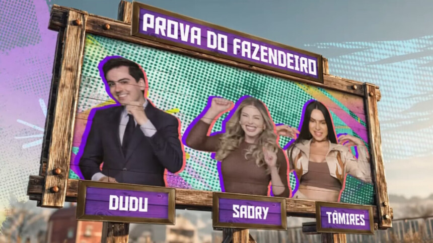 Dudu, Saory e Tàmires na arte da Prova do Fazendeiro na chamada de A Fazenda