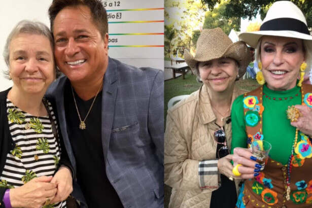 Ede Cury sorridente ao lado de Leonardo e da apresentadora Ana Maria Braga
