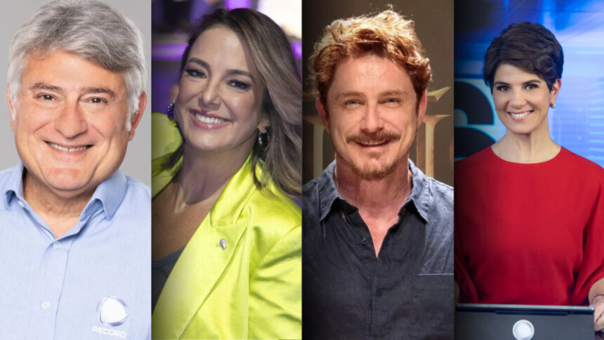 Cleber Machado, Ticiane Pinheiro, Petronio Gontijo e Mariana Godoy na montagem entre os nomes do elenco do Família Record 2025