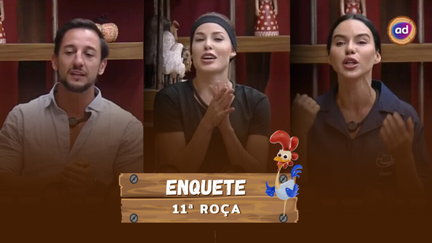 Mesquita, Saory e Tàmires em pé no canto da sala de A Fazenda 17 pedindo votos para ficar na 11ª8 Roça