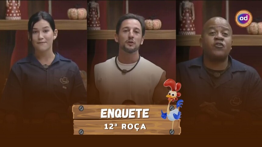 Duda, Mesquita e Toninho no canto da sala pedindo votos para continuar em A Fazenda 17
