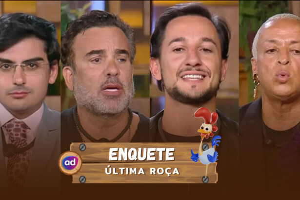 Dudu, Fabiano, Mesquita e Walério no Deck A Fazenda 17. Eles estão em uma montagem na ordem alfabética para a enquete da última Roça de A Fazenda