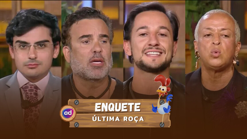 Dudu, Fabiano, Mesquita e Walério no Deck A Fazenda 17. Eles estão em uma montagem na ordem alfabética para a enquete da última Roça de A Fazenda