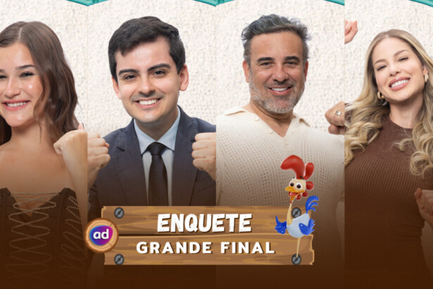 Duda, Dudu, Fabiano e Saory sorridentes na arte da enquete final de A Fazenda 17
