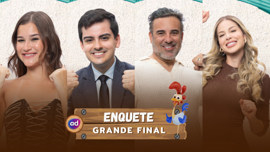 Duda, Dudu, Fabiano e Saory sorridentes na arte da enquete final de A Fazenda 17