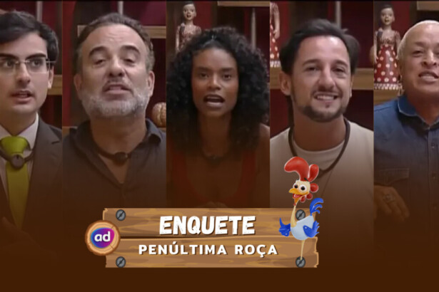 Dudu, Fabiano, Kathy, Mesquita e Walério pedem votos no canto da sala de A Fazenda 17. Eles estão em uma montagem na ordem alfabética para a enquete da penúltima Roça de A Fazenda