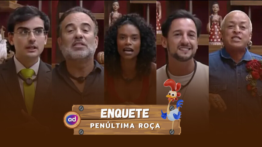 Dudu, Fabiano, Kathy, Mesquita e Walério pedem votos no canto da sala de A Fazenda 17. Eles estão em uma montagem na ordem alfabética para a enquete da penúltima Roça de A Fazenda